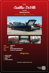 Custom car show board for a 1965 Cadillac DeVille convertible